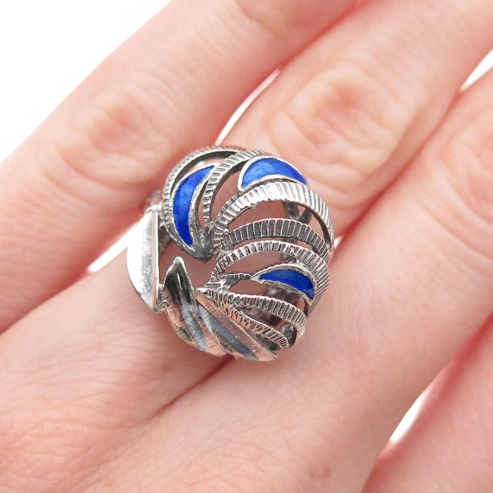 925 Sterling Silver Vintage Enamel Modernist Oxidized Adjustable Ring Size 5.75